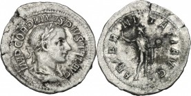 Gordian III (238-244). AR Denarius, 241-243. D/ Bust right, laureate, draped, cuirassed. R/ Sol standing left, wearing chlamys over left shoulder, rai...