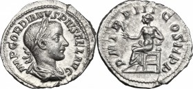 Gordian III (238-244). AR Denarius, 241-243. D/ Bust right, laureate, draped, cuirassed. R/ Apollo seated left, holding branch and resting elbow on ly...
