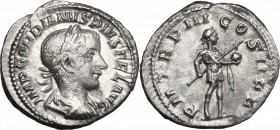 Gordian III (238-244). AR Denarius, 241-243. D/ Bust right, laureate, draped, cuirassed. R/ Emperor standing right in military attire, holding spear a...