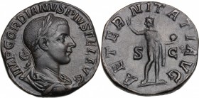 Gordian III (238-244). AE Sestertius, 241-244. D/ Bust right, laureate, draped, cuirassed. R/ Sol standing left, wearing chlamys over left shoulder, r...