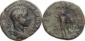 Gordian III (238-244). AE Sestertius, 241-244. D/ Bust right, laureate, draped, cuirassed. R/ Sol standing left, wearing chlamys over shoulder, raisin...