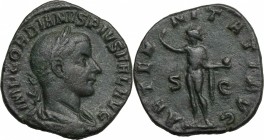 Gordian III (238-244). AE Sestertius, 241-244. D/ Bust right, laureate, draped. R/ Sol standing left, wearing chlamys over left shoulder, raising righ...