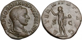 Gordian III (238-244). AE Sestertius 241-244. D/ Bust right, laureate, draped, cuirassed. R/ Sol standing left, wearing chlamys over left shoulder, ra...