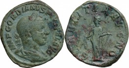 Gordian III (238-244). AE Sestertius, 241-244. D/ Bust right, laureate, draped. R/ Laetitia standing left, holding wreath and anchor set on ground. RI...
