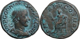 Gordian III (238-244 ). AE Sestertius, 241-244 AD. D/ Laureate, draped and cuirassed bust right. R/ Apollo seated left on throne, holding branch and r...