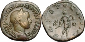 Gordian III (238-244). AE Sestertius, 241-244. D/ Bust right, laureate, draped, cuirassed. R/ Emperor standing right in military attire, holding spear...