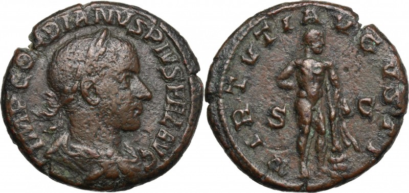 Gordian III (238-244). AE As, 241-244. D/ Bust right, laureate, draped, cuirasse...