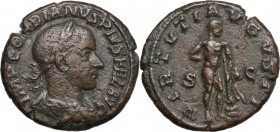 Gordian III (238-244). AE As, 241-244. D/ Bust right, laureate, draped, cuirassed. R/ Hercules standing left, resting left hand on club set in rock, l...