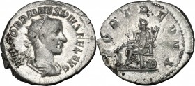 Gordian III (238-244). AR Antoninianus, 243-244. D/ Bust right, radiate, draped, cuirassed. R/ Fortuna seated left, holding rudder set on ground and c...