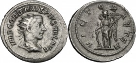 Gordian III (238-244). AR Antoninianus, 243-244. D/ Bust right, radiate, draped, cuirassed. R/ Victory standing left, leaning on shield set on ground ...