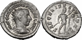 Gordian III (238-244 ). AR Antoninianus, Antioch mint, 242-243 AD. D/ Radiate and cuirassed bust right. R/ Gordian standing right, holding spear and g...