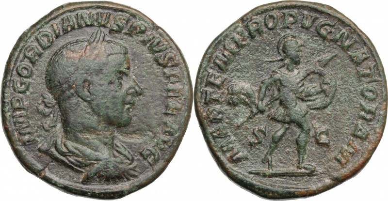 Gordian III (238-244). AE Sestertius, 244 AD. D/ Bust right, laureate, draped, c...