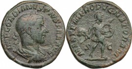 Gordian III (238-244). AE Sestertius, 244 AD. D/ Bust right, laureate, draped, cuirassed. R/ Mars advancing right. holding spear and shield. RIC 333. ...