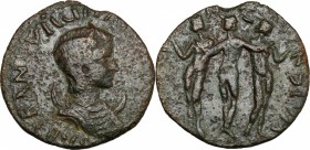 Tranquillina, wife of Gordian III (died 241 AD). AE 21 mm. Cremna mint (Pisidia). D/ Diademed and draped bust right, set on crescent. R/ The Three Gra...