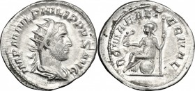 Philip I (244-249). AR Antoninianus, 244-247. D/ Bust of Philip right, radiate, draped. R/ Roma seated left on shield, holding Victoria and scepter. R...