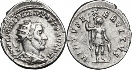 Philip I (244-249). AR Antoninianus, Antioch mint, 244-246. D/ Bust right, radiate, draped, cuirassed. R/ Virtus standing right, holding spear and lea...