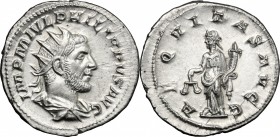 Philip I (244-249). AR Antoninianus, Antioch mint, 244-249. D/ Bust right, radiate, draped, cuirassed. R/ Aequitas standing left, holding scales and c...