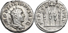 Philip I (244-249). AR Antoninianus, 247-249. D/ Bust right, radiate, draped, cuirassed. R/ Four standards. RIC 62. AR. g. 4.19 mm. 22.00 About EF/Goo...