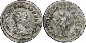 Philip I (244-249). AR Antoninianus, 247 AD. D/ Bust right, radiate, draped, cuirassed. R/ Felicitas standing left, holding long caduceus and cornucop...