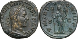 Philip I (244-249). AE Sestertius, 248 AD. D/ Bust right, laureate, draped. R/ Felicitas standing left, holding long caduceus and cornucopiae. RIC 153...