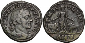 Philip I (244-249). AE 30 mm, Viminacium mint (Moesia Superior), dated AN V. D/ Bust right, laureate, draped. R/ Moesia standing left between bull and...