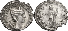 Otacilia Severa, wife of Philip I (244-249). AR Antoninianus, 246-248. D/ Bust right, diademed, draped, on crescent. R/ Juno standing left, holding pa...