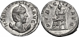 Otacilia Severa, wife of Philip I (244-249). AR Antoninianus, 246-248. D/ Bust right, diademed, draped, on crescent. R/ Pudicitia seated left, drawing...