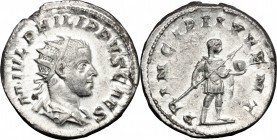 Philip II (244-249). AR Antoninianus, 244-246. D/ Bust right, radiate, draped. R/ Emperor standing right, holding globe and scepter. RIC 216c. AR. g. ...