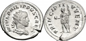 Philip II (244-249). AR Antoninianus, 244-246. D/ Bust right, radiate, draped, cuirassed. R/ Emperor standing left, holding globe and reversed spear. ...