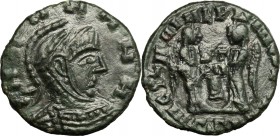 AE 17 mm, Barbaric imitation of a late Roman type of 4th century AD. D/ Bust of Constantine right, helmeted, cuirassed. R/ Two Victoriae standing faci...