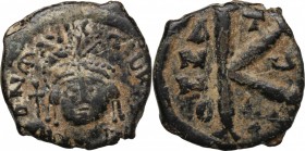 Maurice Tiberius (582-602). AE Half Follis, Theoupolis (Antioch) mint, 589-602. D/ Bust facing, crowned, holding globus cruciger. R/ Large K (mark of ...