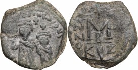 Heraclius, with Heraclius Constantine (610-641). AE Follis, Cyzicus mint. D/ Half-lenght figures standing facing, both crowned. R/ Large M (mark of va...