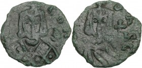 Leo V with Constantine (813-820). AE Follis, Syracuse mint. D/ Bust of Leo V facing, crowned, wearing loros, holding cross potent. R/ Bust of Constant...