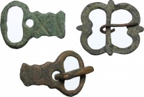 Lot of 3 (three) bronze belt terminals." Roman period, 1st-6th century AD." 31 mm.