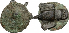 Bronze round pin with tridimensional bronze dove applied on a pre-existent coin." Barbaric, 3rd-5th century AD." mm. Good VF.