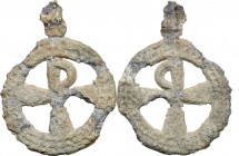 Lead pendant with openwork Christogram." Late Roman or Byzantine, 4th-7th century AD." 26 mm. VF.