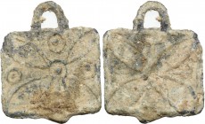 Lead rectangular pendant with geometric motiv." Late Roman or Byzantine, 4th-7th century AD." 22 x 17 mm. VF.