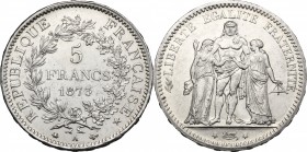 France. Third Republic. AR 5 Francs 1873 A, Paris mint. KM 820.1. Gad. 745a. AR. g. 24.91 mm. 37.00 Lustrous Good EF/About UNC.