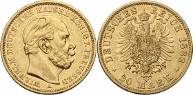Germany. Wilhelm I (1861-1888). AV 20 Marks 1883 A, Berlin mint. KM 505. Fried. 3816. AV. g. 7.91 mm. 22.50 Good VF.