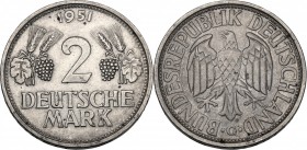 Germany. NI 2 Deutsche Mark 1951 G, Karlsruhe mint. KM 111. Jaeger 386. NI. g. 7.00 mm. 27.00 About EF.