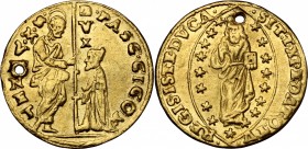 Italy. Pasquale Cicogna (1585-1595). AV Zecchino, Venice mint. Paol. 1. Fried. 1270. AU. g. 3.43 mm. 20.00 Holed Bel BB.