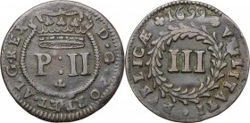Portugal. Pedro II (1683-1706). AE 3 Réis 1699. KM 166; Gomes 02.02. AE. g. 4.73 mm. 27.50 VF.
