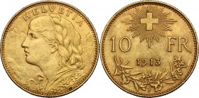 Switzerland. AV 10 Francs 1913 B, Bern mint. HMZ 2-1196c. Fried. 504. AV. g. 3.21 mm. 19.00 Good VF.