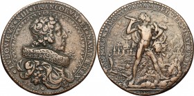 France. Louis XIII (1610-1643). AE Medal, 1629. D/ Bust right. R/ Hercules advancing right, behind, harbor and landscape. Jones 176 (but AR). AE. g. 2...
