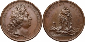 France. Louis XIV (1643-1715). AE Medal, 1694. D/ Head right. R/ Hercules standing right on three-headed monster (mythical founder of the city), head ...