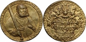 Germany. Johann Friedrich d. Großmütige (1532-1547). AE Cast Medal, gilded, 1535. D/ Bust facing slightly right, holding sword and elector's hat. R/ C...