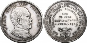 Germany. Otto von Bismarck (1815-1898). AR Medal, 1890. D/ Bust right. R/ Inscription in four lines, surrounded by legend in three lines; abloe, leaf-...