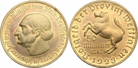 Germany. AE Token for 50 Million Marks, Westphalia, 1923. D/ Head of Minister Stein left. R/ Horse prancing left. AE. g. 30.55 mm. 44.00 About EF.