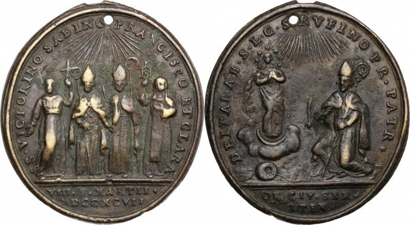 Italy. AE Medal, Assisi mint, 1797. D/ St. Rufus kneeling left before the Virgin...