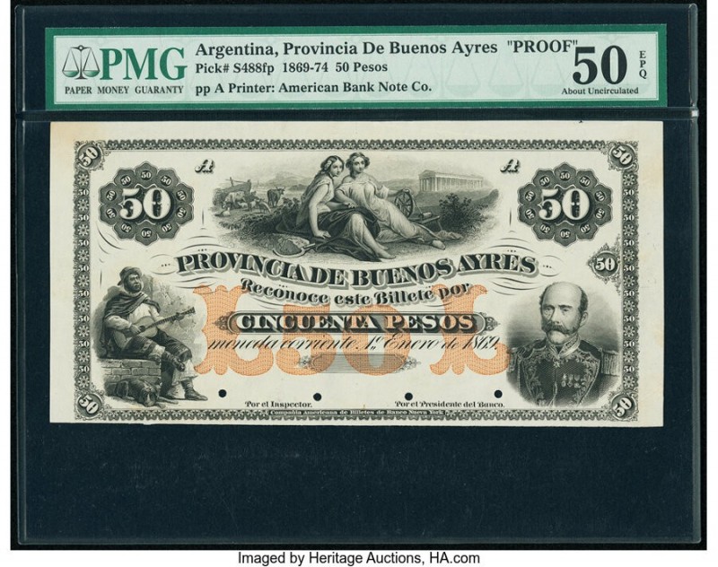 Argentina Provincia de Buenos Ayres 50 Pesos 1.1.1869 Pick S488fp Proof PMG Abou...